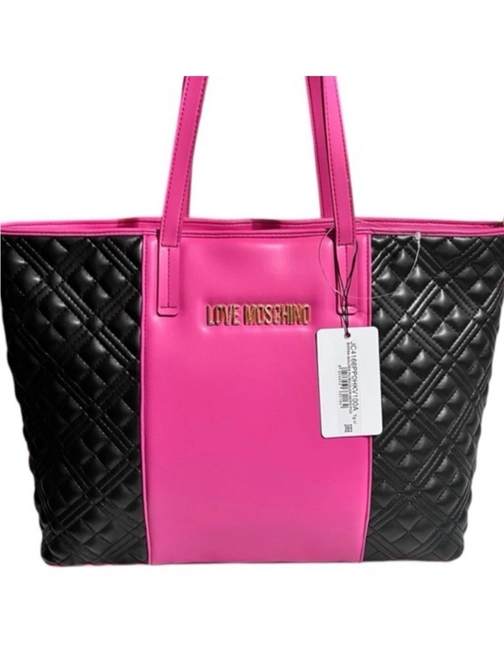 Love Moschino Pink Black Quilted Oversized Statement Tote Bag Gold Logo - NWT
